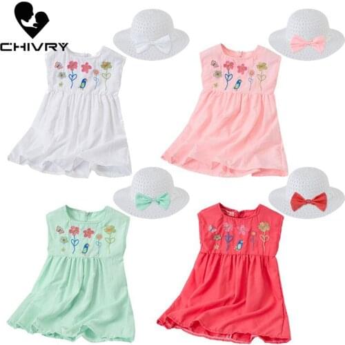New 2020 Summer Girls Cute Flower Embroidery A-line Dress with Hat Kids Baby Girls Sleeveless Princess Dresses Children Clothing