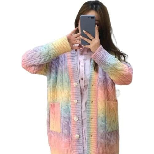 Rainbow Knitted Cardigan Kawaii Cute Women Spring Autumn New Button Striped Loose Oversized Sweaters Females Tops