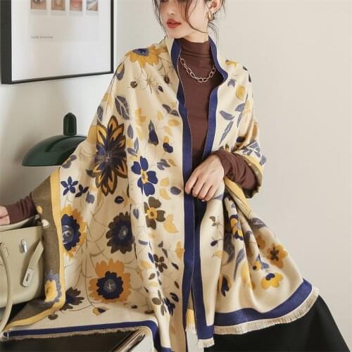 Floral Cashmere Scarf Winter Women Warm Pashmina Shawls Wraps Lady Thick Blanket Scarves Foulard Female Stoles