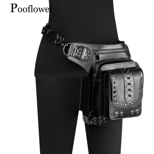 Pooflower Men Waist Bag Punk Bum Bag for Women Gothic Rivet PU Leather Leg Bags 2020 New Crossbody Bag Backpack heuptasje ZH091