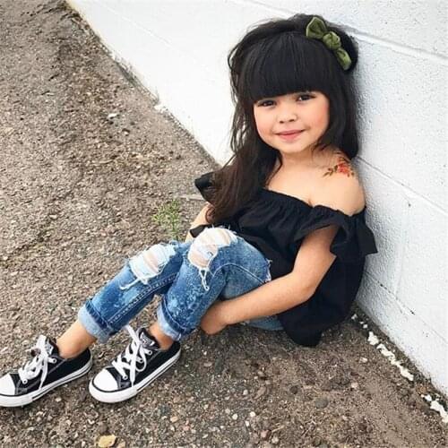 Newborn Baby Girl Off-shoulder Tube Tops+Long Pant Jeans Hole Denim Clothes Children Kids Autumn Fashion Clothes