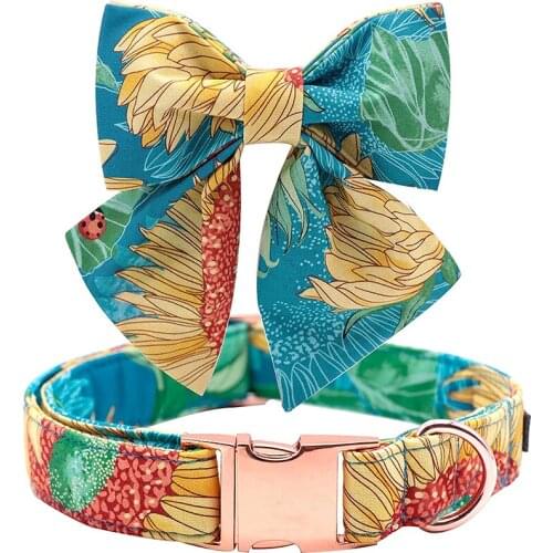 Unique style paws Flory Print Dog Collar Sunflower Dog Collar with Bowtie Adjustable Dog Collar for Small Medium Large