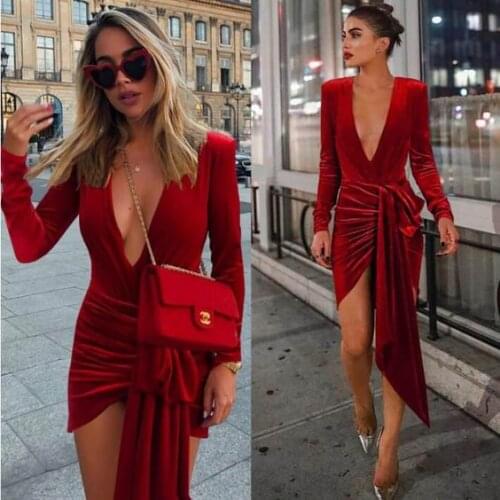 Velvet prom dresses 2021 deep v neck pleats long sleeve sashes knee length mini red evening dresses party dress