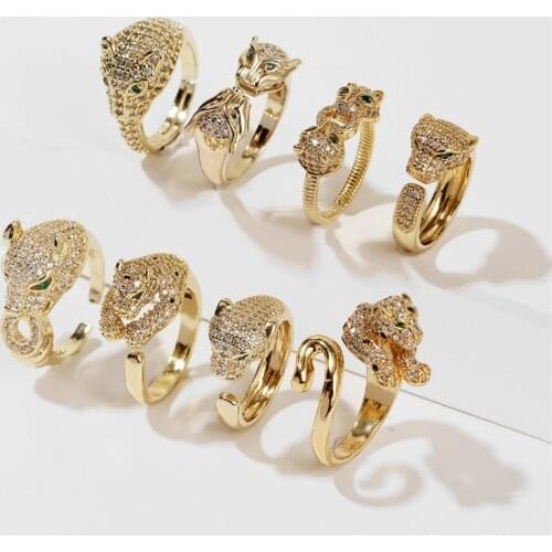 High Quality Gold Color Copper Metal CZ Cubic Zirconia Zircon Adjustable Opening Animal Leopard Rings For Women Men Jewelry Gift