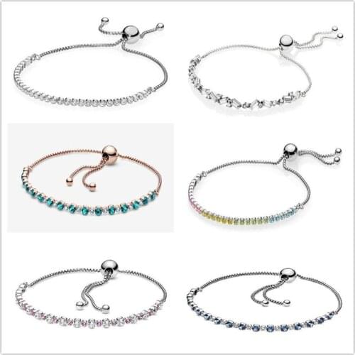 925 Sterling Silver Pan Bracelet Turquoise Sparkling Slider Tennis Blue Stones Bracelet For Women Jewelry
