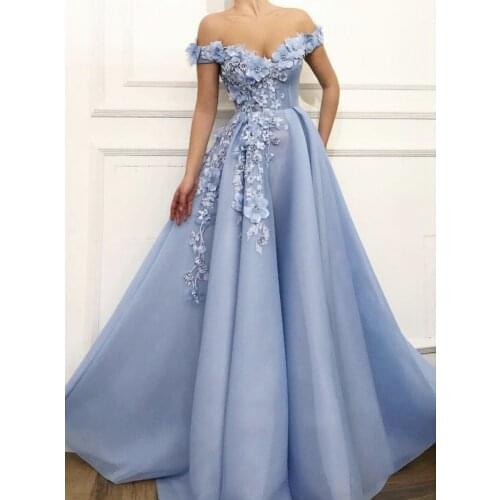 Off Shoulder Tulle Prom Dresses 2021 Women Formal Party Night Long Vestidos De Gala Light Blue Appliqus Elegant Evening Gowns