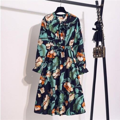 Women Dress Spring Autumn Long Sleeve Floral Print Bow Collar Chiffon Dress Elegant A-line Midi Winter Dress Vestidos Robe Femme