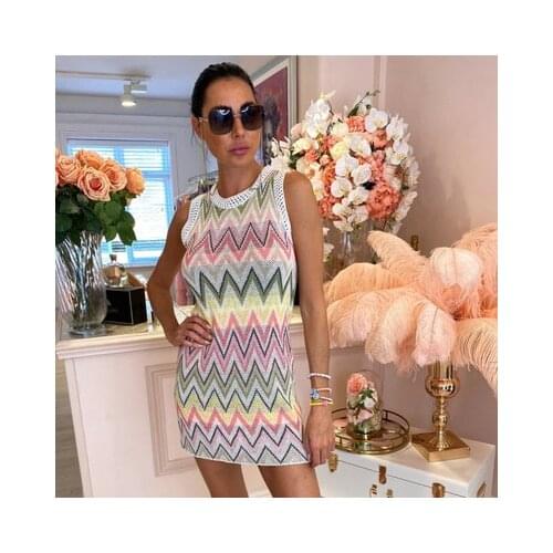 Womens Self-cultivation Contrast Color Knitted Dress Ladies Fashion Street Sweet Color O-Neck Stitching Without Sleeve Dress