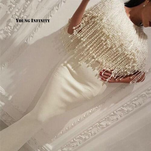 Elegant Long White Mermaid Arabic Evening Dress 2020 Dubai Kaftan Formal Evening Gowns with Tassel Pearls Beading Prom Dresses