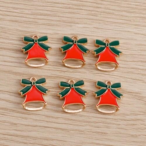 10pcs 13*14mm Cute Christmas Bell Charms for Necklaces Pendants Earrings Decoration DIY Enamel Bowknot Charms Jewelry Making