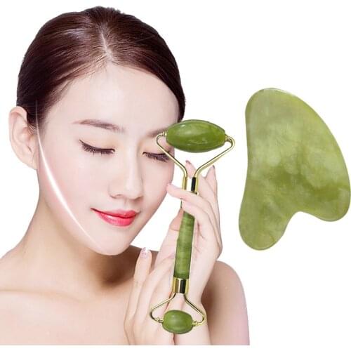 2PCS Facial Massage Roller Massager Health Care Natural Jade Board Scraping Tool Facial Care Lift Tool Set