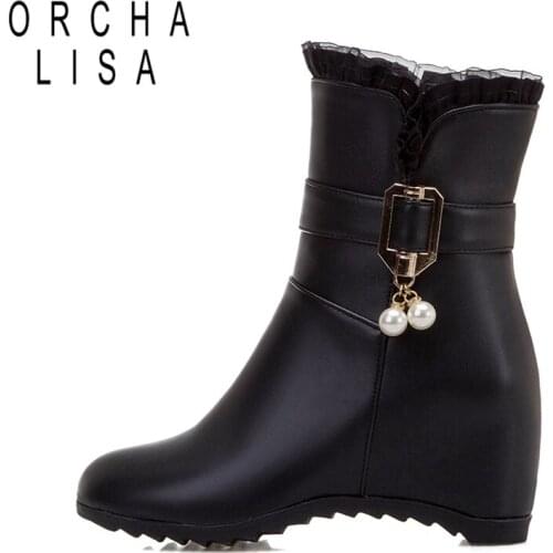 ORCHALISA Women half boots Wedges Ankle boots for woman Round toe Pearl Zipper Female mujer Buckle Autumn winter PU LeatherS2404
