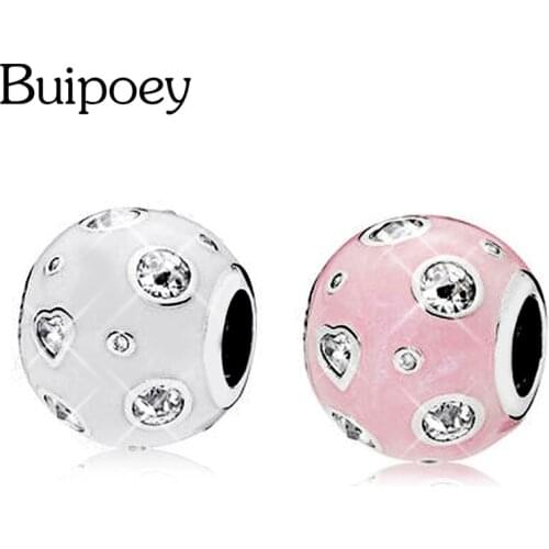 Buipoey Fashion White Pink Shiny Planet Heart Zircon Beaded Charm Fit Brands Bracelet Original Necklace Diy Snake Chain Jewelry