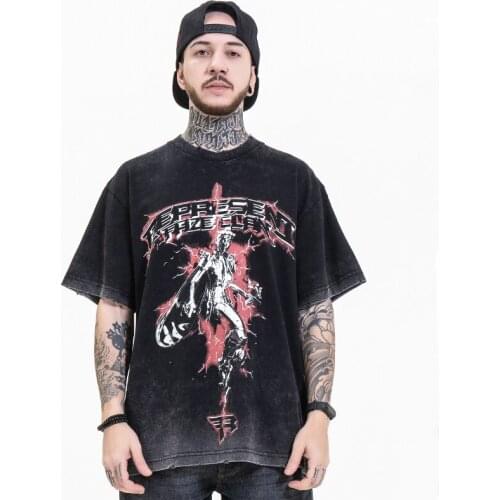 Hip Hop T-shirt Mens Streetwear Oversized Vintage Washed Tshirt Harajuku Print Graphic T-shirt Cotton Loose Top Summer Black