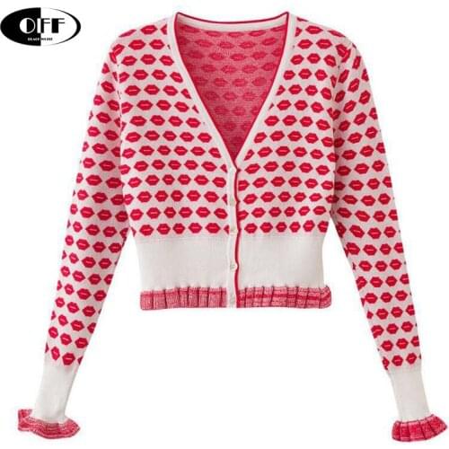 Designer Autumn Spring Knitted Red Lip Jacquard Sweaters Casual Ruched Elegant Tops Sweets Girls Female Knit Cardigan Clothes