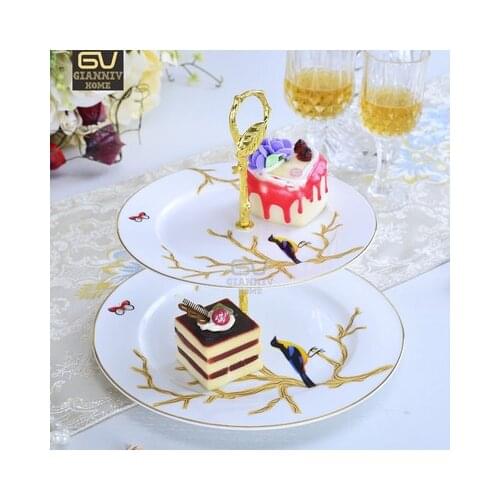 Bone China European Cypress Tree Drawing Double Decker Plates Cake Fruit Snack Plate Afternoon Tea Ceramic Tray Porcelain