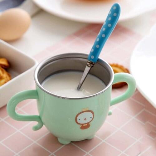 Cute 304 stainless steel no leaking baby cup Cartoon Animal Baby Warm Cup Baby Drinking Cup With Hand Shank 300ml
