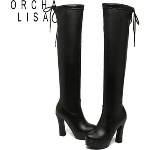 ORCHALISA 2021 New Sexy Platform Over Knee High Bootie Stretchy Lace Up Round toe 10cm High Heel Autumn Winter Big Size 43 2432