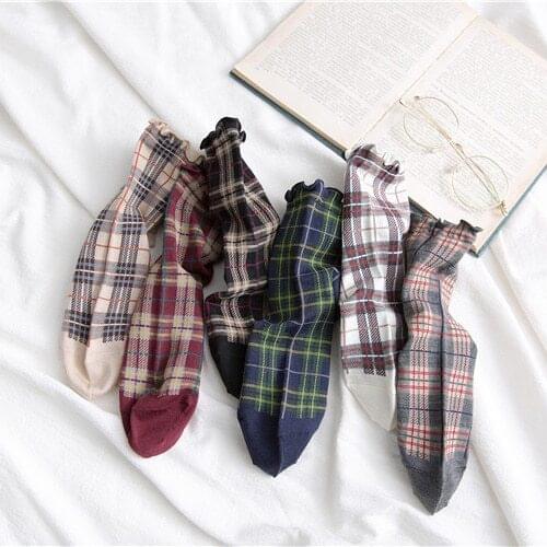 Spring And Summer New Womens Socks Japanese Cotton Retro Wood Ear Square Plaid Middle Tube Socks Korean Simple Style Socks