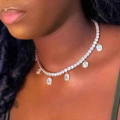StoneFans Simple Rhinestone Tennis Necklace Chain Statement for Women Gold Charm Crystal Square Pendant Necklaces Party Jewelry