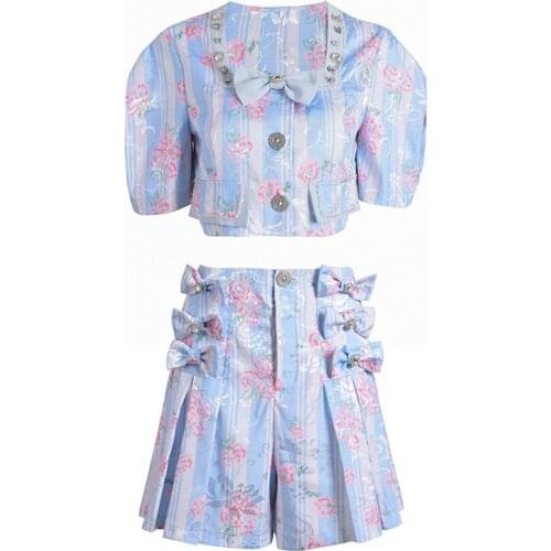 2021 Summer New Womens Puff Sleeve Shirt Bow High Waist Pleated Shorts Suit Two-piece Female