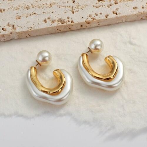 Lifefontier Vintage Geometric Irregular Pearl Stud Earrings for Women Gold Color Metal C Shape Earrings Korean Fashion Jewelry