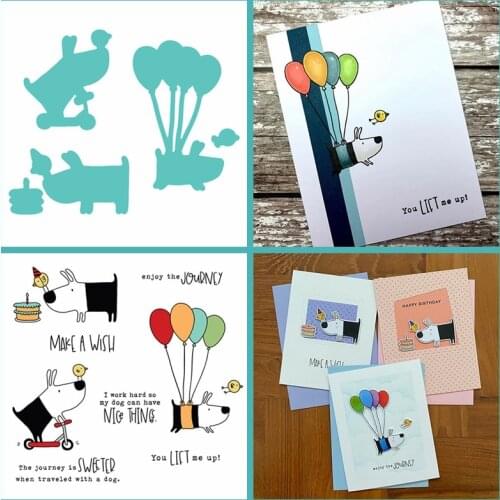 Dog Bird With Hot Balloon Cake Enjoy The Journey Metal Cutting Dies With Clear Stamps For Craft Album Making Template 2020