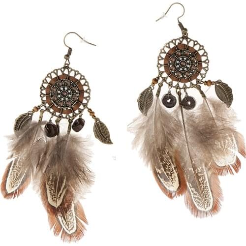 Vintage Bohemian Boho Antique Flower Feather Dangle Fashion Womens Earrings