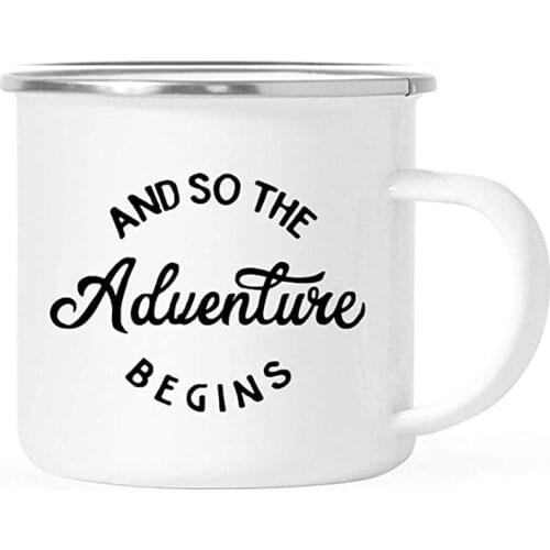 Funny Enamel Coffee Mug - And So The Adventure Begins - Birthday Christmas Outdoors Wedding Metal Enamel Campfire Cup Perfect Fo