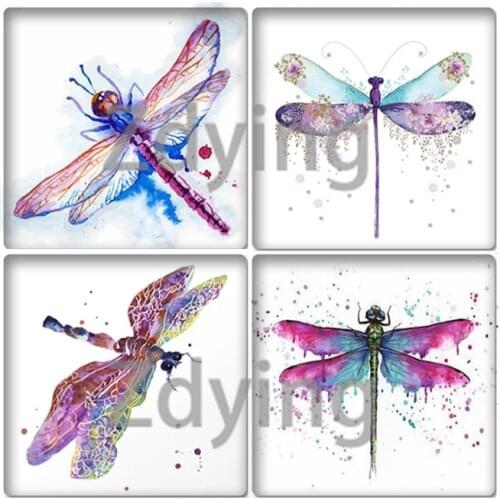 Zdying 10pcs Colorful dragonfly Watercolor Square Shape Glass Cabochon Photo Beads Demo Flat Back DIY Pendant Jewelry Findings