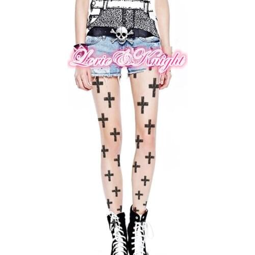 Womens Punk Sheer Tights, Cross Printed Tights