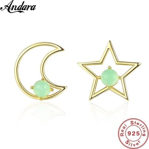 Romantic Genuine 100% 925 Sterling Silver Star Moon Stud Earrings for Women Lady Fashion Jewelry