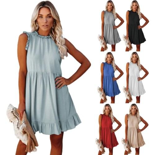 Women Dresses Summer 2020 Sexy O Neck Floral Solid Beach Dress Ruffle Short Sleeve A Line Mini Dress Wrap Sundress Robe New