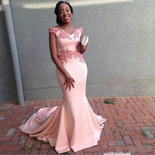 Blush Pink Mermaid Evening Dress Off the Shoulder Appliques Lace Satin Chic Prom Gowns Sweep Train Women Dresses 2022