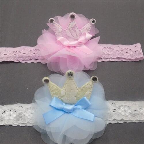 1pc Light Pink Blue Lace Crown Headband for Princess Girl Soft Chiffon Flower Kid Head Wrap Sweet Princess Photo Prop Hairbands