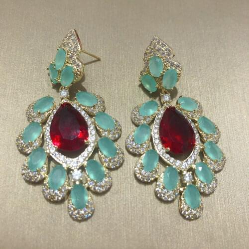 Bilincolor Fashion Light Blue and Red Cubic ZIrconia Luxury Drop Earring for Wedding bridal Jewelry