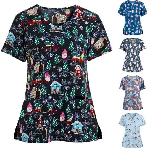 Uniforme Enfermera Women Festival Print Short Sleeve V-neck Tops Working Scrubs Uniform Thanksgiving Nurse Overalls Blouse q5