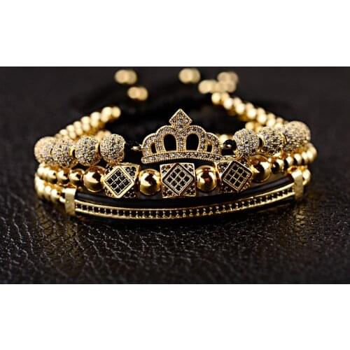 Luxury CZ King Crown Charm Mens Copper Bead Macrame Bracelets Fashion Geometric Long Tube Set Bracelets&Bangles For Women