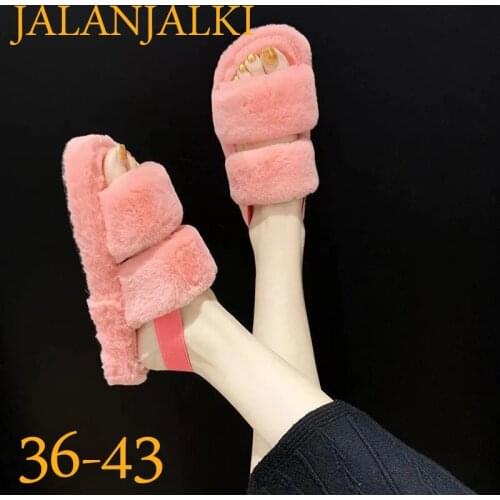 JALANJALKI Winter Women Slippers Warm Faux Fur Soft Women Sandals Outdoor Non-slip Sole Loverly Ladies Slides Plush Femal Shoes
