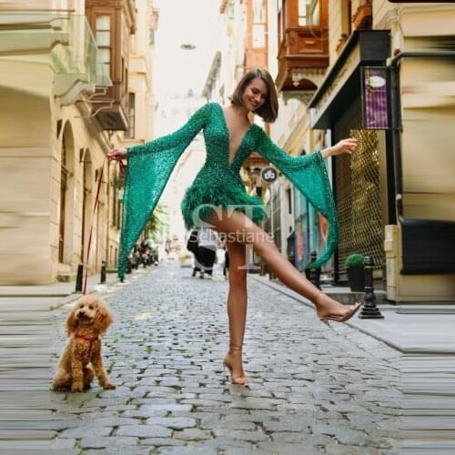 Sexy Backless Feathers Cocktail Dresses Long Sleeves V Neck Sequins Glitter Short Prom Dress Green Women Plus Size Party Gown