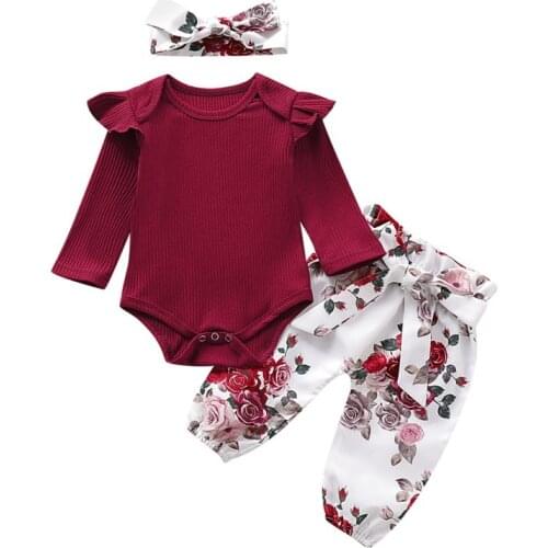 Newborn Baby Sets Long Flare Sleeve Baby Girl Rompers Tops Floral Trousers Headband Outfits Baby Clothes