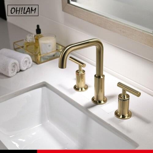 Brushed Gold Widespread Brass Double Handle Deck Mounted Bathroom Sink Faucet Hot & Cold 3 Holes Swivel Basin Faucet Gold Tap