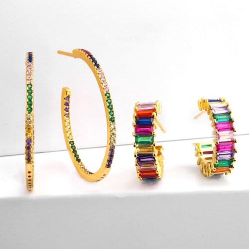 Trendy Rainbow Baguette Cubic Zirconia CZ Hoop Earring Gold Filled Colorful Gorgeous European huggie earrings jewelry ers-q98