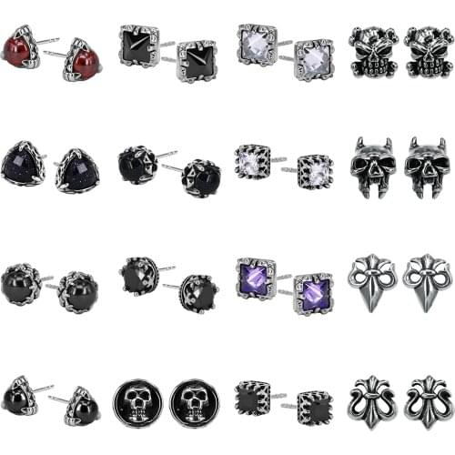 ZS 30 Styles Punk Skull Studs Earrings for Men 316L Stainless Steel Black Earrings Rock Roll Boys' Hip Pop Ear Piercing Jewelry