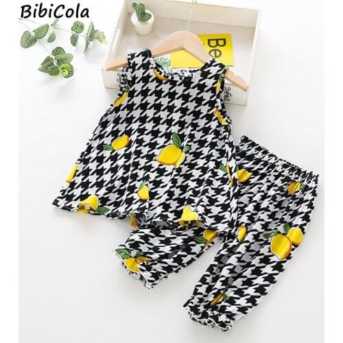 Girls Pajamas Summer Cotton Home Tracksuit Kids Summer Cartoon Print Vest Top+ Trousers 2PCS Suit Plaid Printing Clothes Set