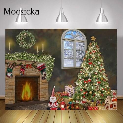 Merry Christmas Fireplace Backdrop Winter Window Snow Birthday Portrait Photo Background Christmas Tree Gifts Wreath Photography