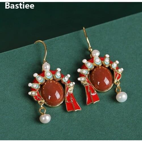 Bastiee Beijing Opera Mask Drop Earrings 925 Sterling Silver Jewelry For Women Pearl Dangle Earings Red Agate Gold Plated Luxury