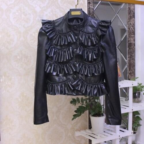Hot Fashion Womens leather ruffles jackets Spring 2021 New Designer genuine leahter short coat C080