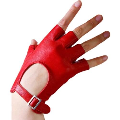 Women Leather Half Finger Gloves White Silver Square Buckle Ultra-Thin Pure Sheepskin Fingerless Short Spring Summer