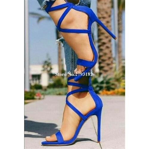 Women Summer Elegant Fashion Open Toe Strap Cross Stiletto Heel Gladiator Sandals Blue Red Black Suede High Heel Sandals Heels